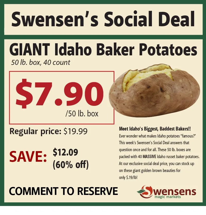 Swensen's Social Deal — Giant Idaho Baker Potatoes för $7.90 per 50 lb. låda